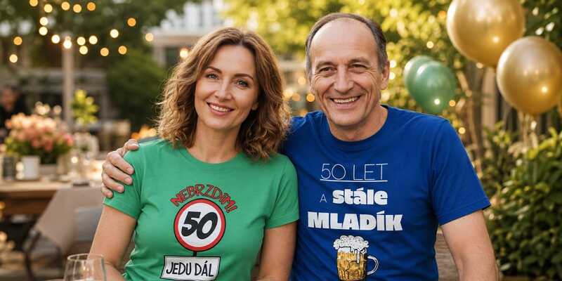 Narozeninová trička s potiskem Dobrý Triko – muž a žena v tričkách k 50. narozeninám
